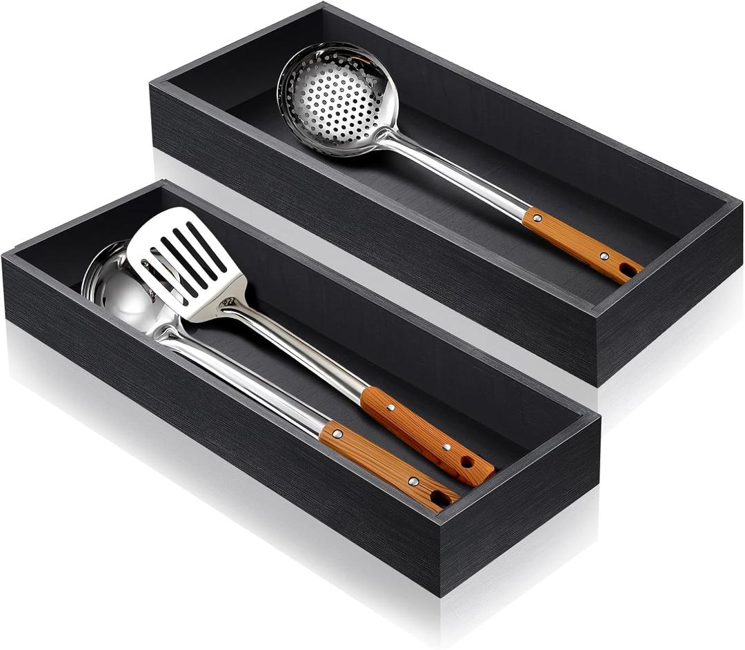 Bamboo Utensil Drawer Organizer, Stackable Silverware Organizer Tray Flatware Cutlery Storage Box for Kitchen Drawer - 17"x6"x2.5" (Set of 2)