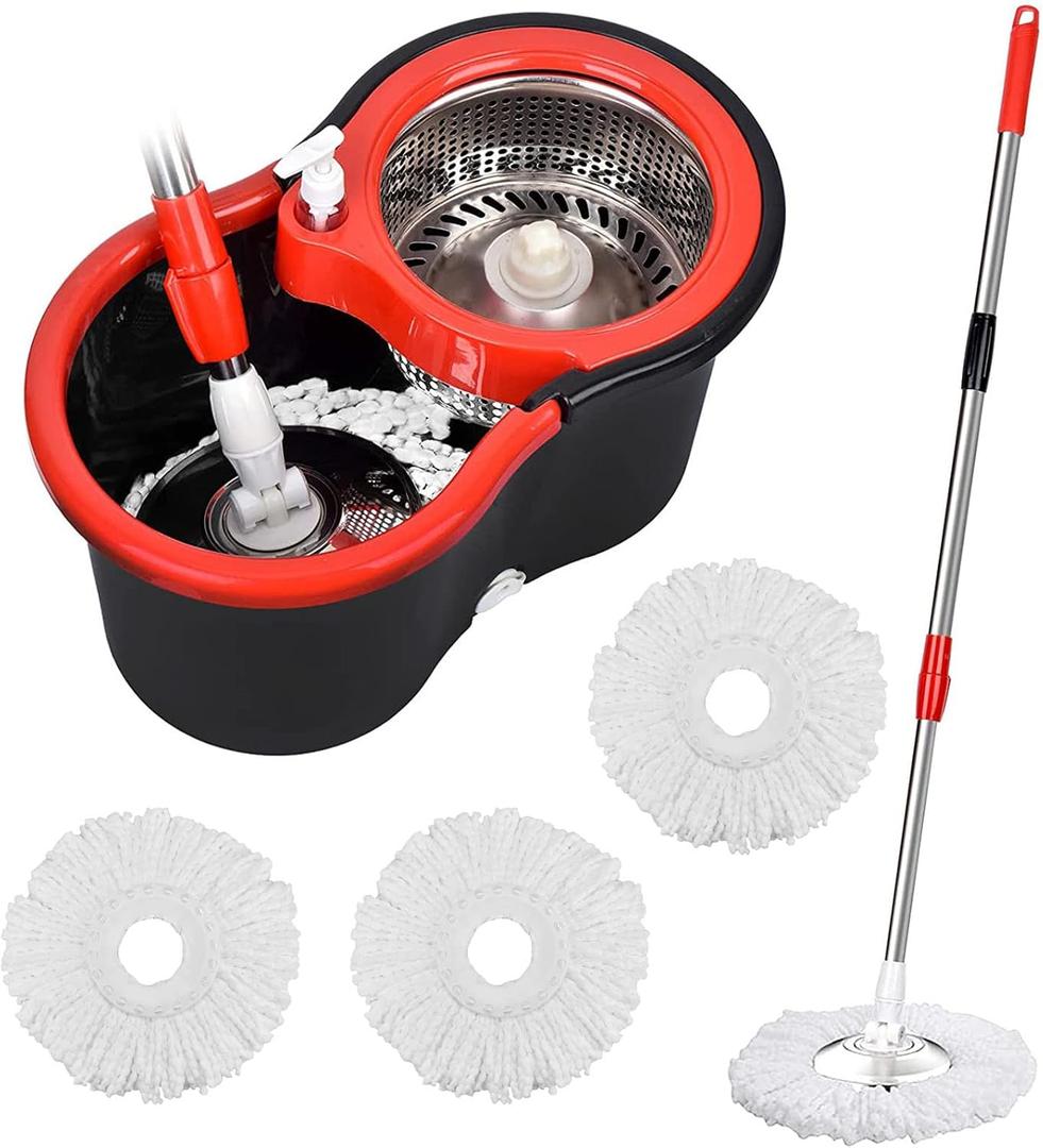 Mop and Bucket Set, 360 Spin Mop and Bucket with Wringer Set and 3 Microfiber Mop Refills, Stainless Steel 61" Extended Handle Spinning Mop Bucket System for Floor Cleaning