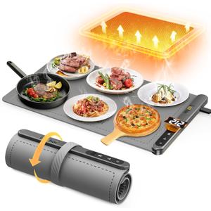 Food Warming Mat,Full Surface Heating Electric Warming Tray with 6 Temperature Settings & Fast Heating, Silicone Roll Up Food Heating Mat Food Warmers for Parties Gatherings Everyday Use (Gray)