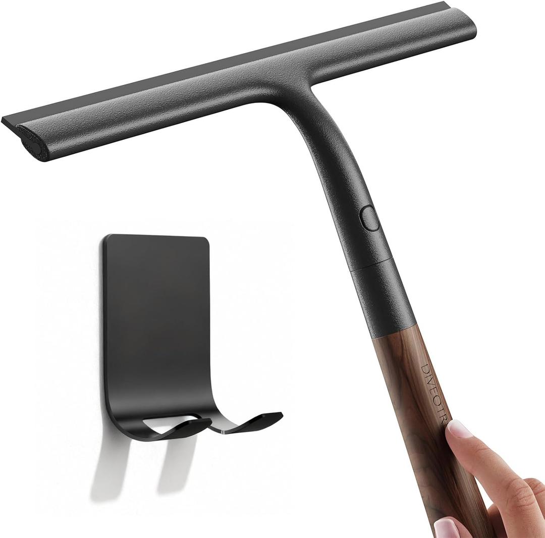 Shower Squeegee for Glass Doors, Streak-Free Silicone Window Cleaner with Detachable Wood Handle & Hook, Rust-Proof Bathroom Squeegee for Mirror, Tile Wall, Car Windshield, 10 Inch Black