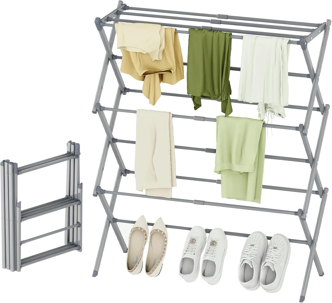 STARLATTA Foldable Drying Rack Clothing, 3Tier Portable Clothes Drying Racks for Indoor & Outdoor, Anti Rust Compact Laundry Rack Collapsible, Grey 28" D x 10" W x 35" H