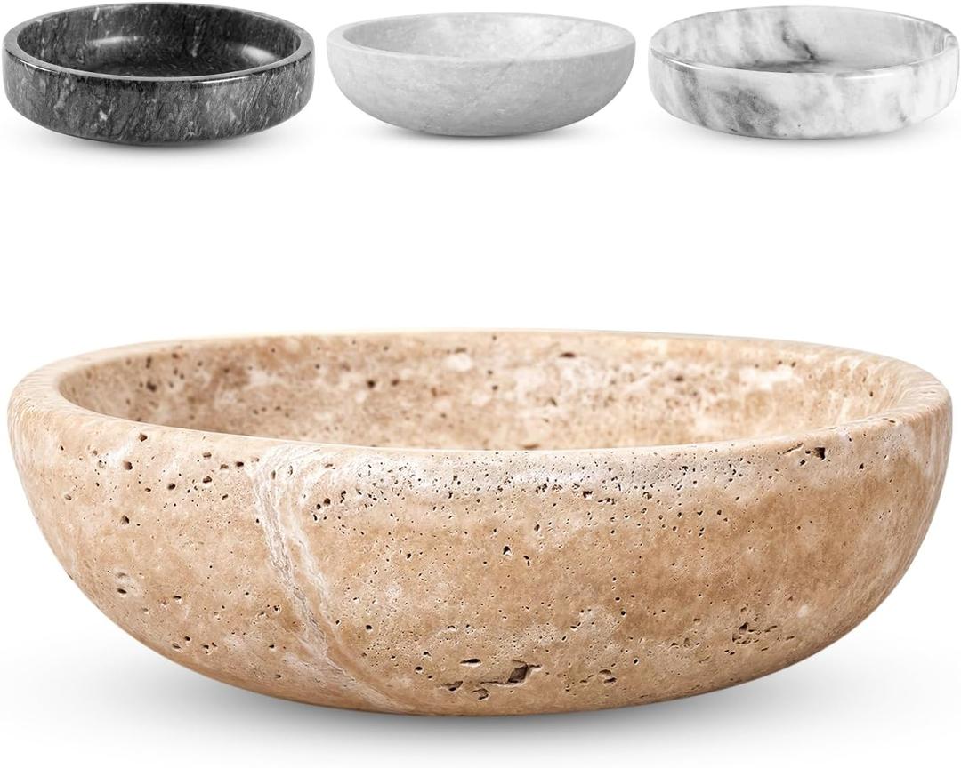 Travertine Decorative Bowl - 7.8 Diameter & 2 Height - Key Bowl for Entryway Table - Travertine - Organic Modern Centerpiece - Beige/Natural