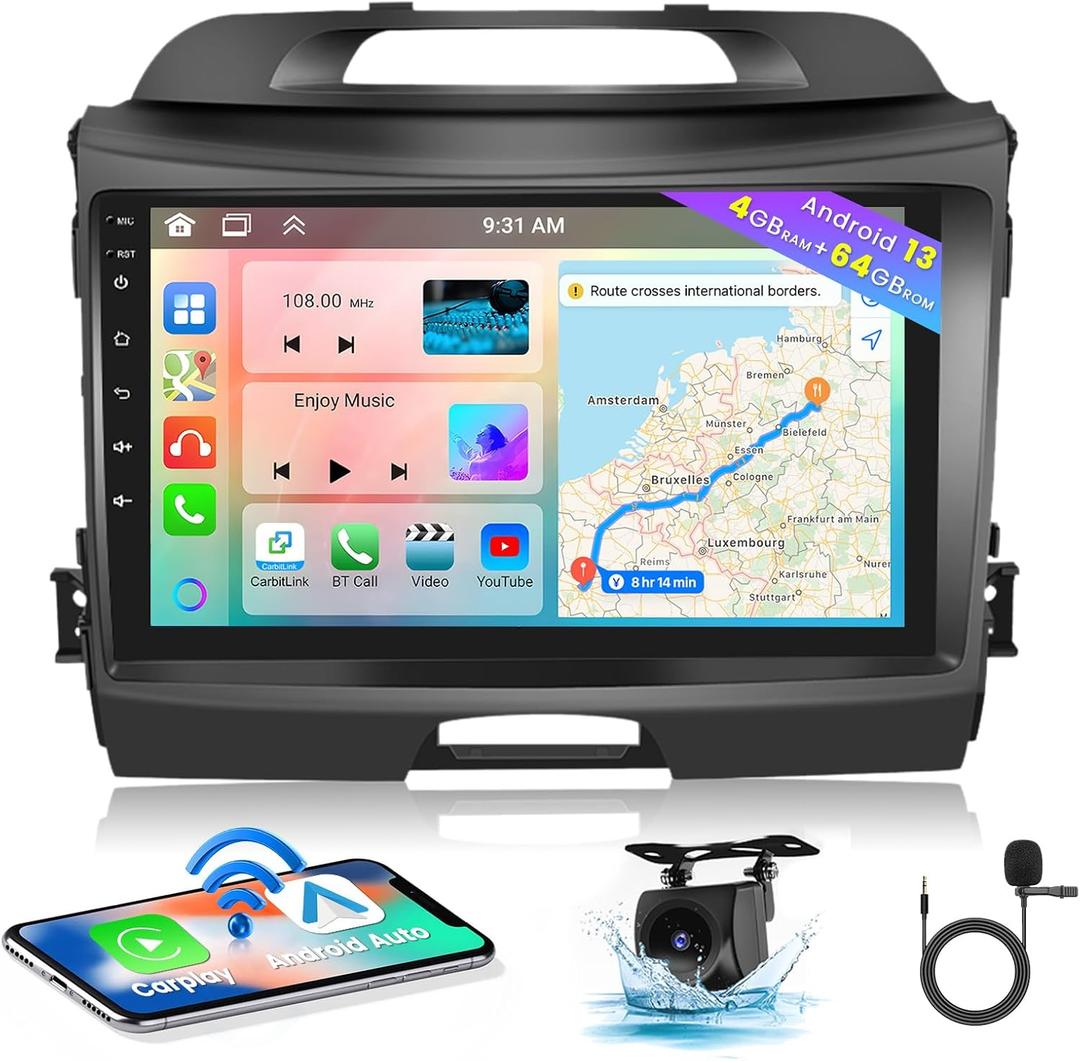 for Kia Sportage 2010-2016 Radio, 8 Core 4+64GB Android 13 Car Stereo with Wireless Apple Carplay Android Auto 9 Inch IPS Touchscreen Car Radio 59UI GPS Navigation WiFi 32EQ DSP Backup Camrea