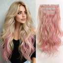 Clip in Hair Extensions 25 Inch 4PCS Long Wavy Synthetic Hair Pieces for Women - Heat Safe Thick Natural Fake Hairs Extensions Double Weft Clip Ins Party Daily Use Blonde Mix Pink
