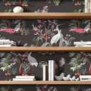 Livelynine 17.5x276 Moody Peel and Stick Wallpaper with Cranes Birds Flowers Peonies Vintage Dark Floral Wall Paper for Bathroom Removable Vintage Contact Paper for Walls Kitchen Green Chinoiserie