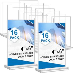 Acrylic Sign Holder 4x6, 16 Pack Clear Double Sided Clear Table Menu Vertical Display Stand Desktop Display Stand Paper Holder Table Sign Holder Suitable for Restaurants Office Store Show Fair