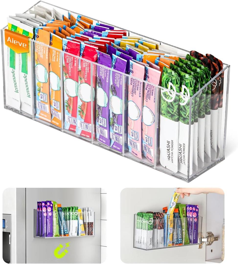 AIEVE Drink Packet Organizer, Mountable Water Packet Organization Holder with Adhesive & Magnetic Sticker, Pantry Organizers Kitchen Storage for Countertop Table Fridge Cabinet