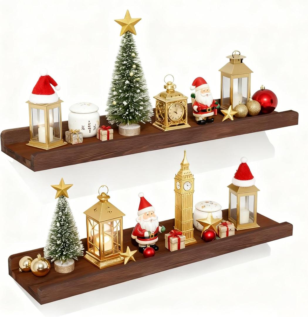 Love-KANKEI Floating Shelves Wall Mounted Set of 2, 24 Inch Wood Storage Wall Shelves for Bedroom Living Room Bathroom Kitchen Office and More Dark Walnut