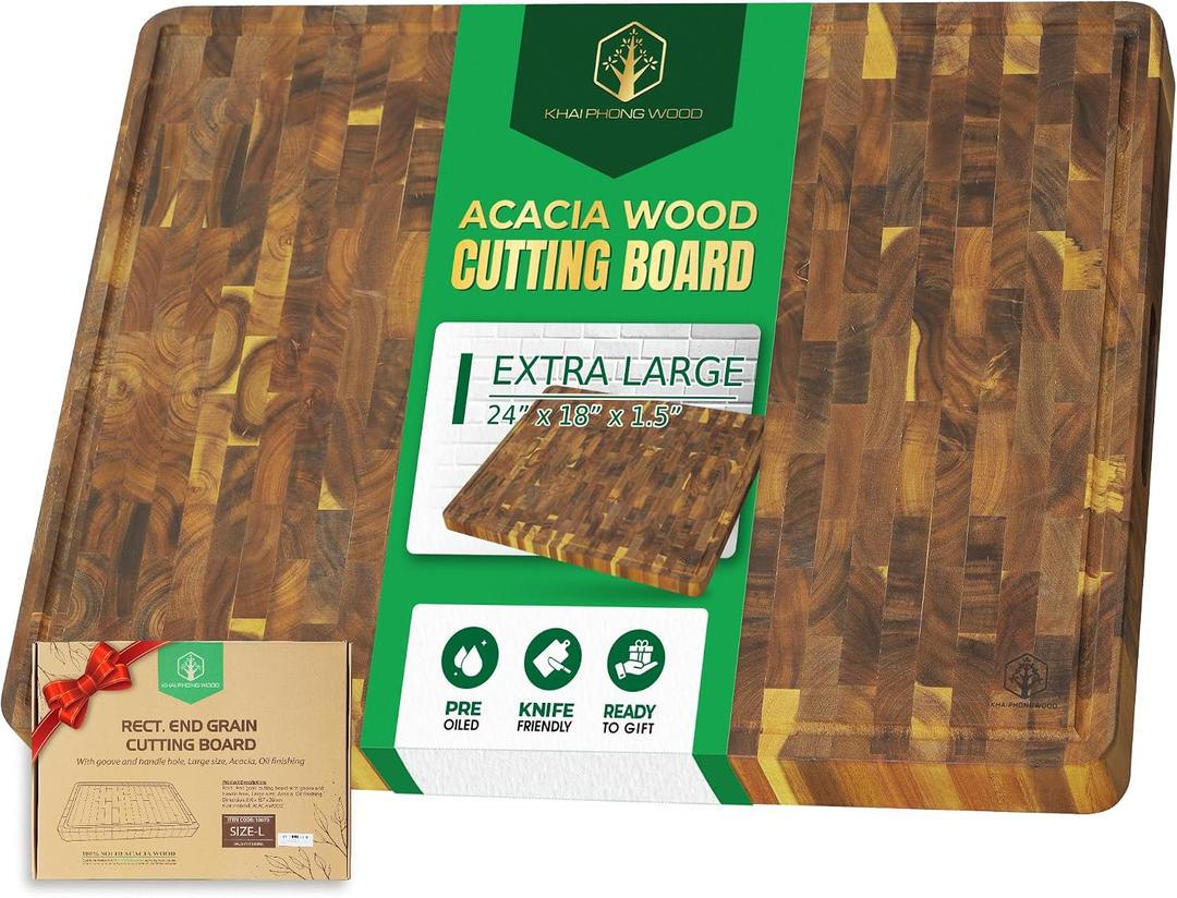 End Grain Acacia Wood Cutting Boards for Kitchen, 1.5 in Thick Butcher Block Construction for Stability, 24 x 18 in Extra Large Cutting Boards with Gift Box, Juice Groove and Handle