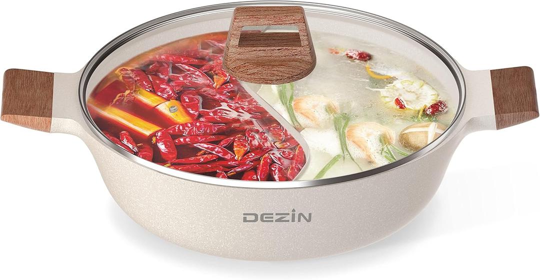 Dezin 5-QT Double-flavor Shabu Shabu Pot with Divider, Dual Sided Nonstick Hot Pot, 12 Inch Divided Stockpot for Cooking, Hotpot for Induction Cooktop, Gas Stove & Hot Burner, Soup Ladle Included Dezin 5-QT Double-flavor Shabu Shabu Pot with Divider, Dual Sided Nonstick Hot Pot, 12 Inch Divided Stockpot for Cooking, Hotpot for Induction Cooktop, Gas Stove & Hot Burner, Soup Ladle Included