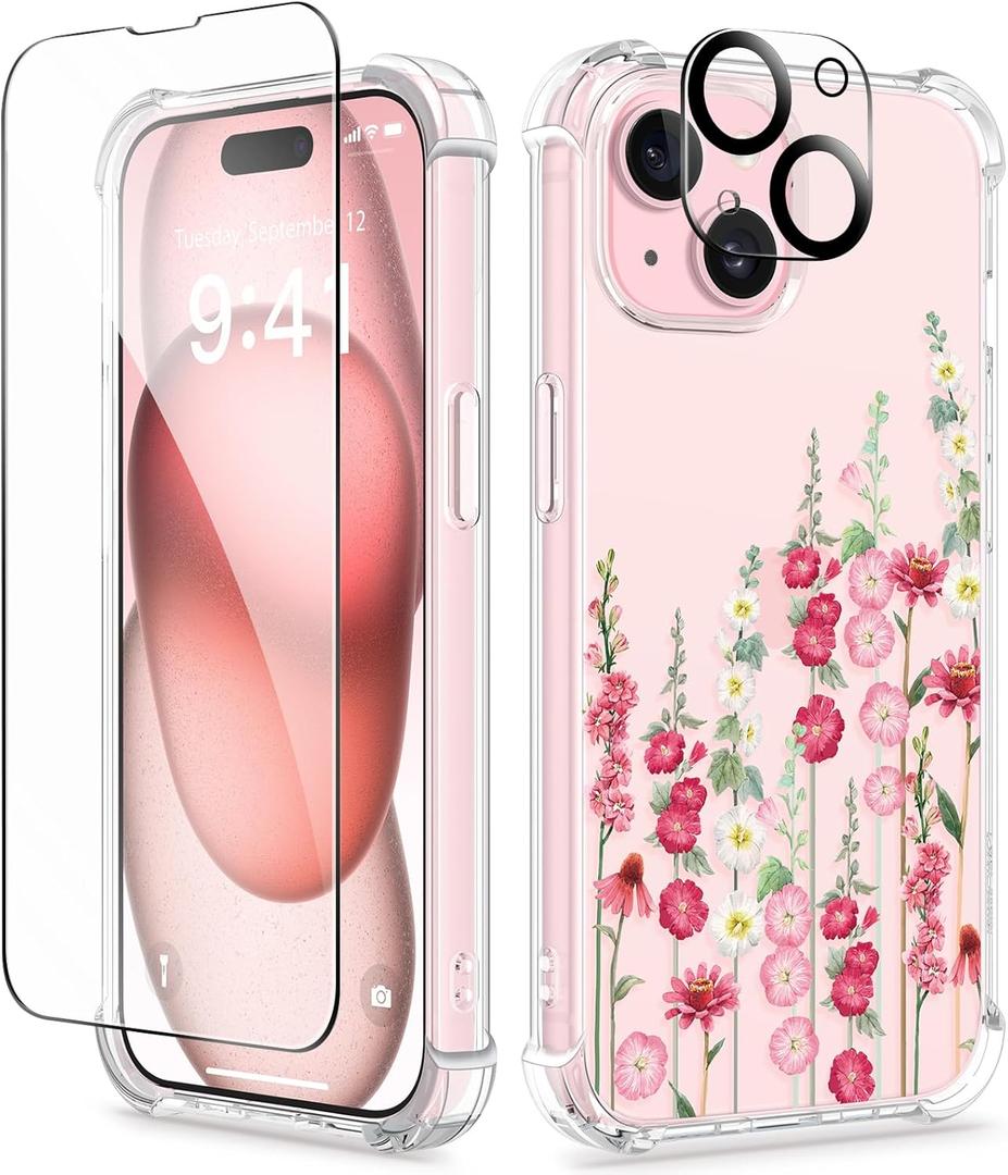 GVIEWIN for iPhone 15 Plus Case Floral, with Screen Protector&Camera Lens Protector,[Non Yellowing] Soft Shockproof Clear Phone Protective Cover for Women, Flower Pattern Design 6.7" (Alcea/Red)