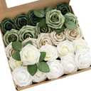 Ling's moment Artificial Flowers, 25Pcs 3" Roses in Sage Shades, Realistic DIY Foam Floral Decor for Wedding Bouquets/Centerpieces, Outdoor Party Backdrops, Room/Table, and Garden/Pot Decorations (Shades of Emerald & Tawny Beige)