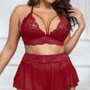 Plus Size 3-Piece Lingerie Babydoll for Women Lace Chemise Sleepwear (Red, XL)