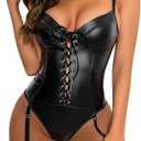 Lilosy Sexy Lace Up Leather Pu Wireless Garter Women Teddy Bodysuit Corset Bustier Top Outfit Nightout One Piece XS