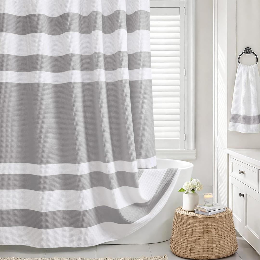 Grey Shower Curtain Cotton Waffle Stripe Shower Curtains for Bathroom 72"x72"
