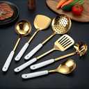 AQUAX Stainless Steel kitchenware seven Pieces Set (White Gold).Cooking Utensils 7 pcs Set with hanging shelf .Include Slotted Spoon, Slotted Spatula, Large Spoon, Soup Ladle, Spatula, Pasta spoon.