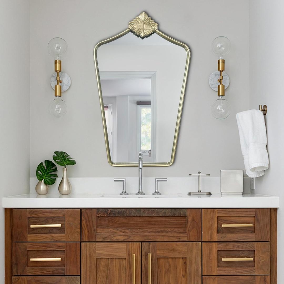 BAODANFU Gold Wall Mirror Decorative, Ornate Arch Mirror with Metal Frame, 20 x 30 inches Irregular Vanity Mirrors for Entryway, Bedroom, Dining Living Room, Over Bathroom Sink, Fireplace Mantle Decor