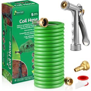 RV Exterior Shower Hose With Sprayer, 15FT Coiled Water Hose with 1/2" Quick Connect Adapter, UV Resistant Optional Flexible Quick Connect Sprayer for RV Outdoor Shower Garden Use 3/4" Fitting