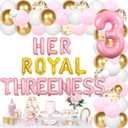 Her Royal Threeness Birthday Decorations for Girls, Princess Themed 3rd Birthday Party Decor, Pink Gold Balloon Kit Banner Crown Pink Number 3 Foil Balloon for Girls 3rd Bday Party Supplies