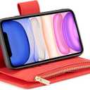 EYZUTAK Case for iPhone 11 6.1 inch, Glossy PU Leather 9 Card Slots Magnetic Closure Detachable Wrist Strap Zipper Wallet Shockproof Removable Back Cover Case - Red