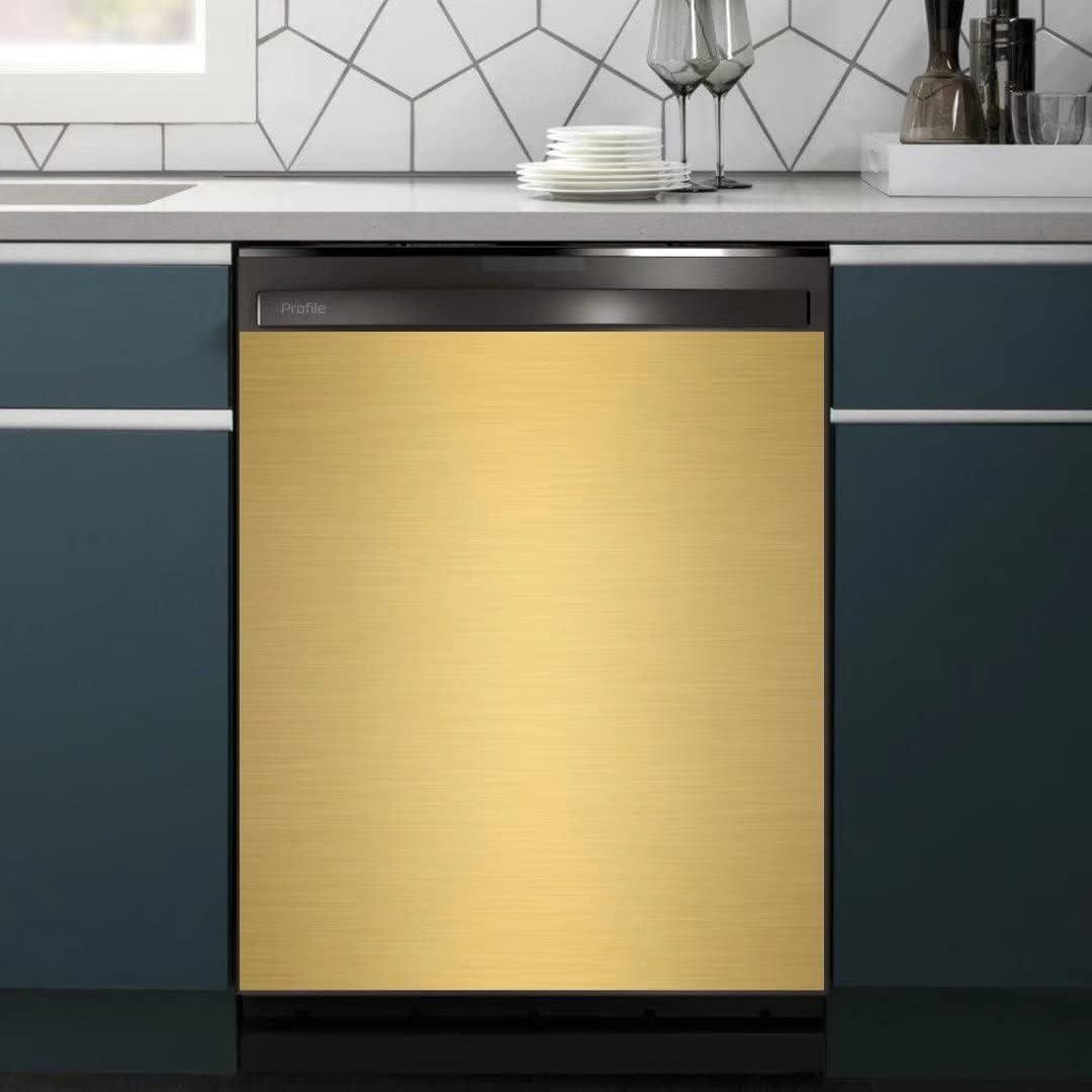Stainless Steel Brushed Pattern Dishwasher Magnet Cover Panel Decal Home Appliance Art, Stainless Steel Fridge Door Cover Decals Magnetic, Gold, Mobile Magnetic 23" x 26"