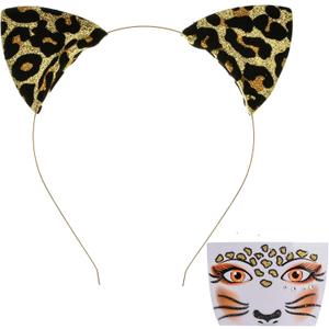 DDazzling Glitter Cheetah Print Ears Headband with Leopard Face Stickers for Halloween Animal Cosplay (Gold)