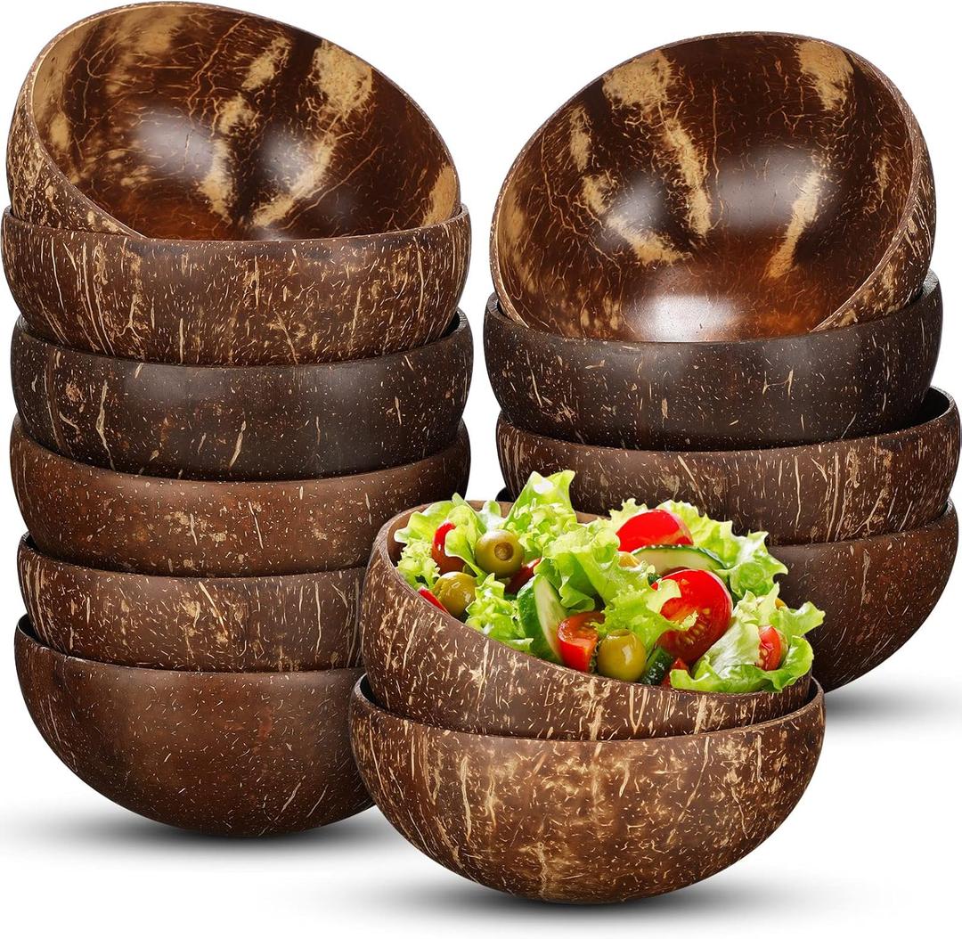 Bokon 12 Pcs Coconut Shell Bowls Polished Wooden Bowls Natural for Smoothie Acai Salad Vegan Gifts Kitchen Decor (Large)