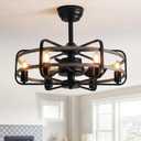 NOXARTE Cage Ceiling Fan with Light, Vintage Fandelier Remote Control, Bladess Industrial Chandelier Ceiling Fan Reverse Motor for Living Dining Room Bedroom Dia 25 Inch, Walnut