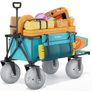 51" Beach Wagon with 10" PU Balloon Wheel,440LBS Beach Cart with Rear Tailgate, Foldable Wagon for Sand, Grass and Gravel,Mint Green (Pump Included)