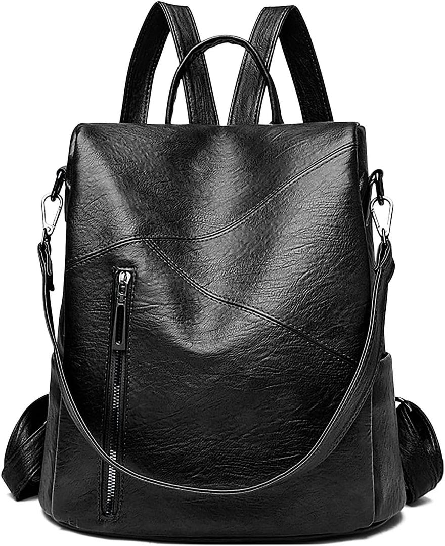 Backpack Purse for Women, Large Capacity PU Leather Shoulder Bags Multifunctional Fashion Backpack Travel Bag for Working Shopping Hiking (Black)