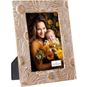 AHC HOME & LIVING 4x6 Antique Wite Gold Picture Frame - Sunflower Metals Frame, Elegant Floral Design for Tabletop & Wall Display (Vertical/Horizontal) - Fits 4x6 Photos