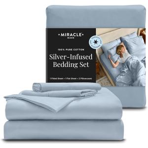Miracle Made Breathable Cotton Bed Sheets, 4-Piece Set  Silver-Treated, Soft and Cool-to-the-Touch Lightweight Bedding Designed for Hot Sleepers  Queen Size, Sky Blue