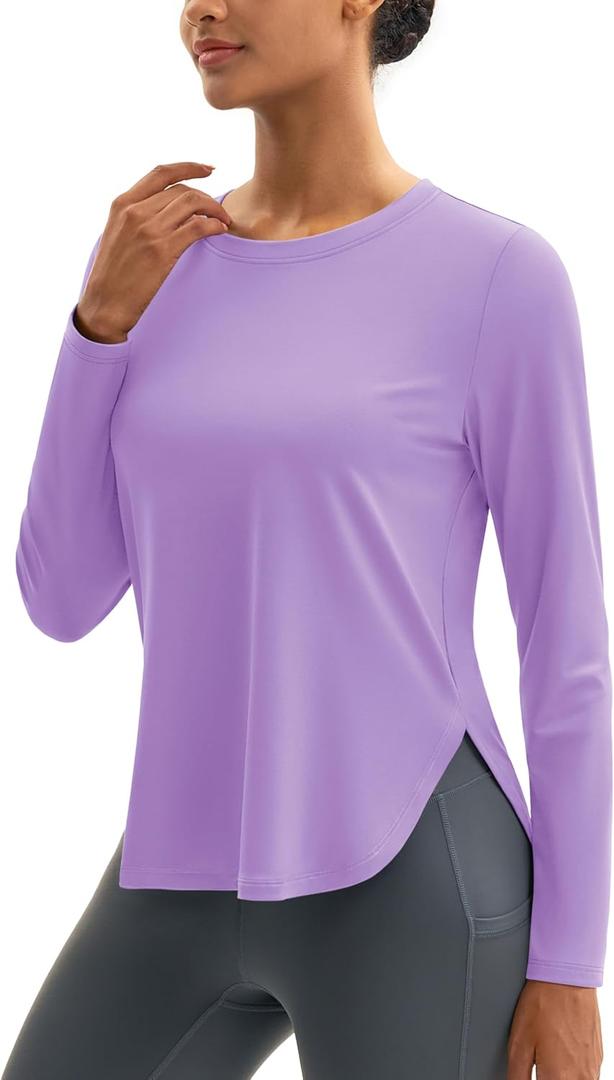 MAGCOMSEN Women's Sun Shirts UPF 80+ Long Sleeve Quick Dry Workout Tops | Moisture-wicking, Sun Protection, UV Protection, High Side Splits, Soft, Lightweight, Athletic, Running, Hiking, Yoga, Golf (Purple, L)