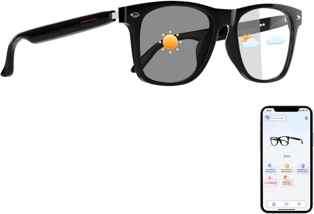 AI Translation Glasses, Smart Glasses Powered by Chat GPT, Photochromic Lenses, Support 160+ Languages, Real-Time Translation via APP, Bluetooth Glasses for Men & Women, Meeting Travel Trade (Black)