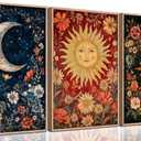 3Pcs Sun And Moon Celestial Wall Art Tarot painting Decor Pictures Astrology Gothic Wildflowers Star Canvas Posters Prints for Bedroom Office Living Room Bathroom Home Decoration Unframed