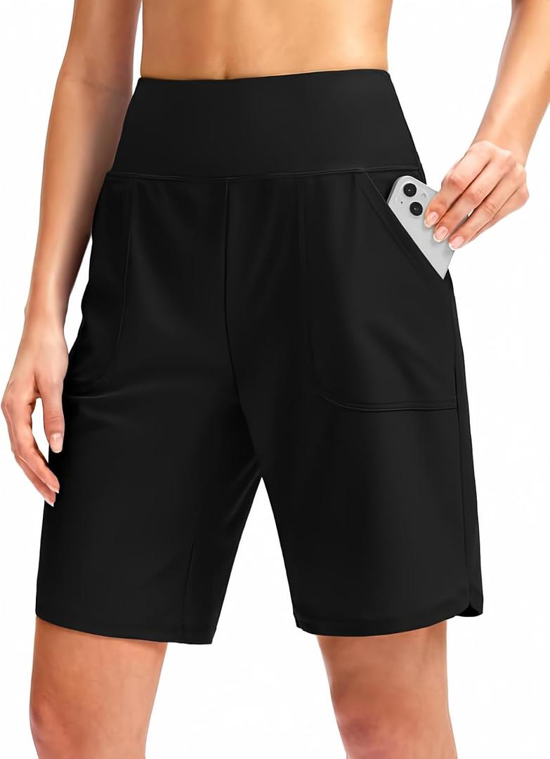 Viodia Women's 9" Long Swim Board Shorts with Pockets High Waisted Beach Swimsuits Knee Length Short for Women with Liner (Black, M)