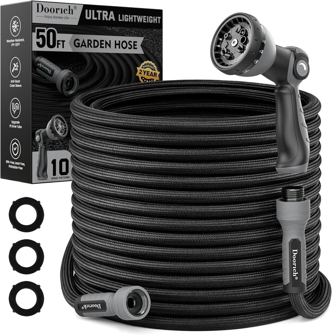Garden Hose, Flexible Ultra Lightweight Durable, Kink-Free Water Hose with 10 Function Sprayer - Non-Shrinking, Easy to Store, All-Weather, High-Pressure, Black (50 FT)