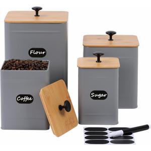 PERFNIQUE Kitchen Canisters, Canister Sets for Kitchen Counter, Farmhouse Kitchen Canisters for Countertop Set of 4, Coffee Tea Sugar Flour Spice Tin Jars Food Storage Container with Lid(Grey)