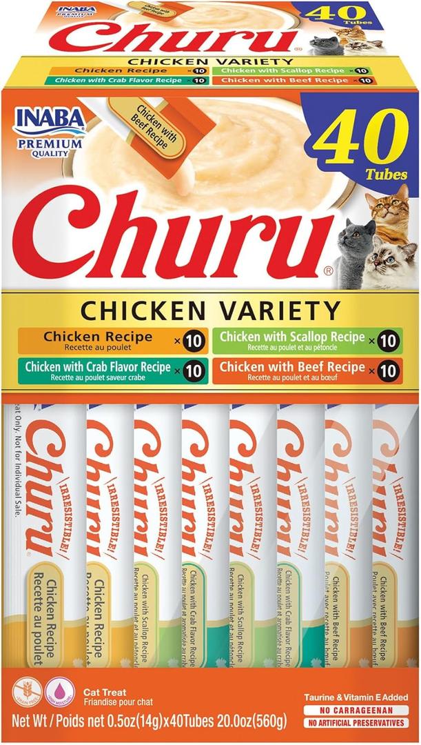 INABA Churu Cat Treats, Lickable, Squeezable Creamy Pure Cat Treat with Green Tea Extract & Taurine, 0.5 Ounces Each Tube, 40 Tubes, Chicken Variety Box (1 Count (Pack of 40)) BBD: 05/21/2027