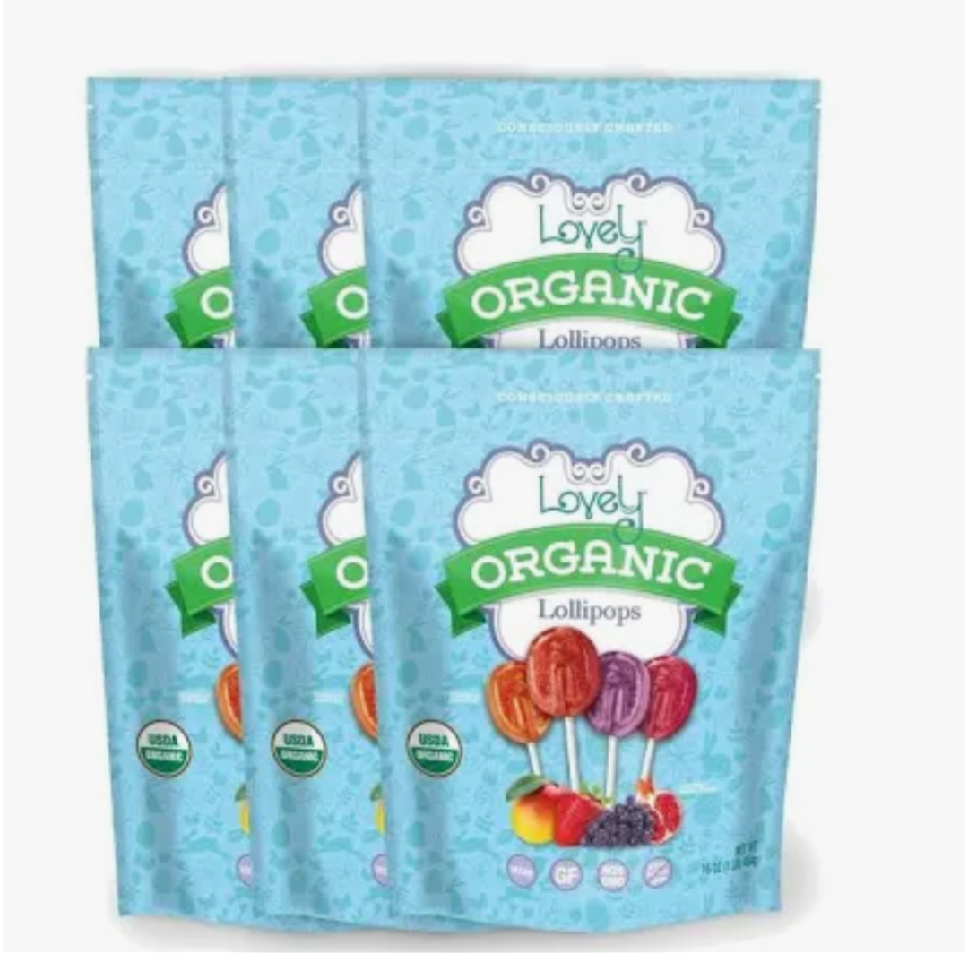 Lovely Candy Co. Organic Lollipops, 16oz Bag (6-Pack) | Vegan, Gluten-Free, Non-GMO, NO Artificial Colors or Flavors | Mango, Strawberry, Grape & Pomegranate Flavored Candy, Best By: Feb 28, 2026