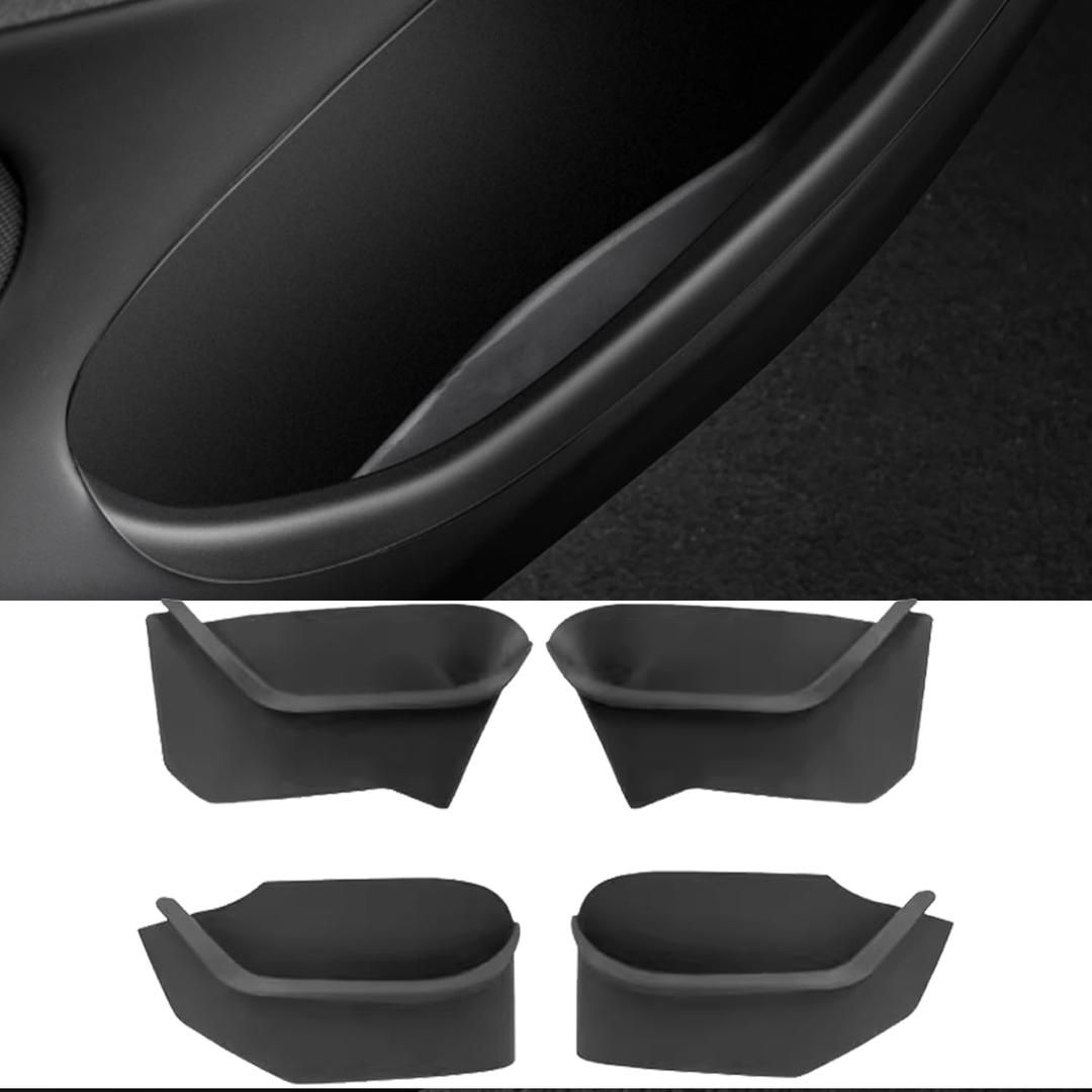 TOPABYTE Door Side Storage Box Full Wrapped for Tesla Model Y Juniper 2025 2026 4PCS Front & Rear Door Organizer Tray TPE Slot Pockets Liner Protector for Model Y Launch Series Accessories