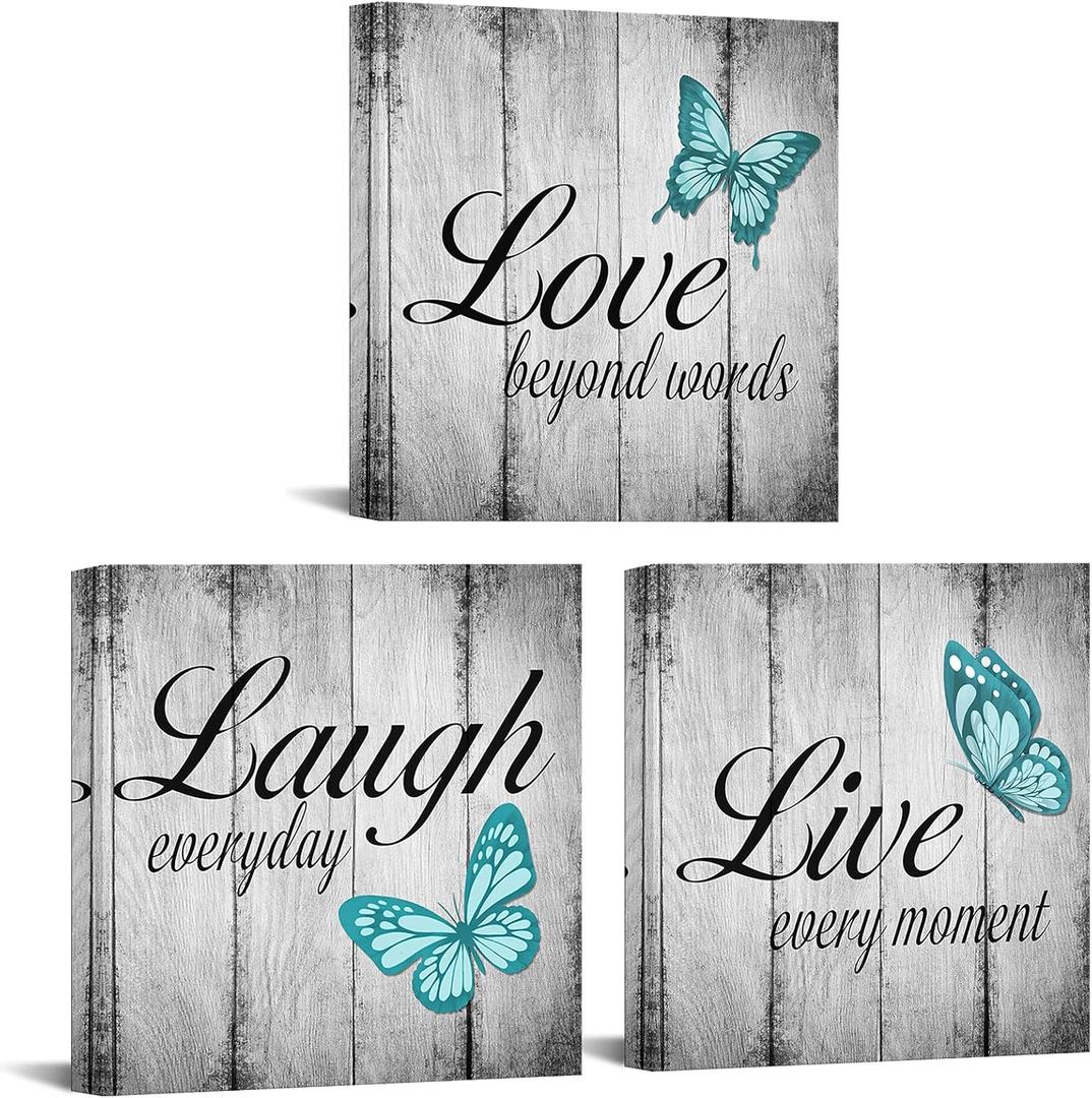 Conipit Teal Butterfly Canvas Wall Art Live Love Laugh Art Teal and Grey Pictures Wall Decor Inspirational Painting for Modern Home Decor 12" L x 12" W x 3pcs