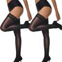 MANZI Sheer Shiny Thigh High Stockings 2 Pairs Silky lingerie Pantyhose for Women with Stay Up Silicone Lace Top (Large-X-Large)