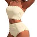Charmo Strapless High Waisted Bikini Sets for Women Tummy Control Scallop Ribbed Bandeau Swimsuit Lace up Bathing Suits (Small, Beige)