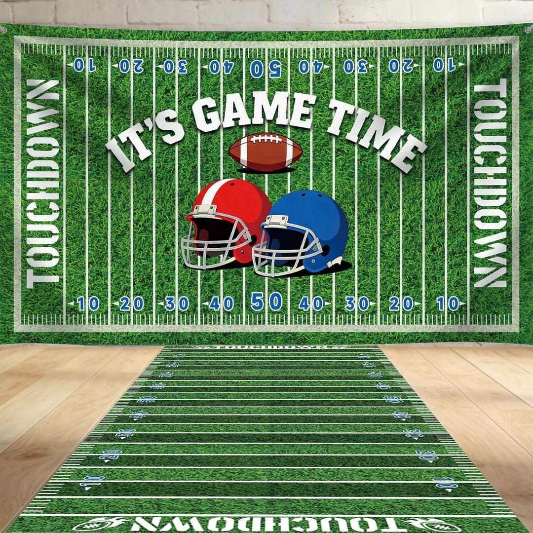 7x5ft Football Field Backdrop Banner with 9.8x3.8 ft Field Aisle Floor Runners Decoration Set, Large Football Background for Sport Themed, Tablecloth, Game Day Sport Theme Birthday Party Wall Door Sign Decor, Floor Rugs for Game Day Party Sign Supplies