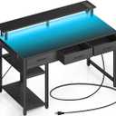 Rolanstar Computer Desk with Power Outlets & LED Light, 39 inch Home Office Desk with 3 Drawers and Storage Shelves, Writing Desk with Monitor Stand, Modern Work Desk for Home Office, Carbon Black