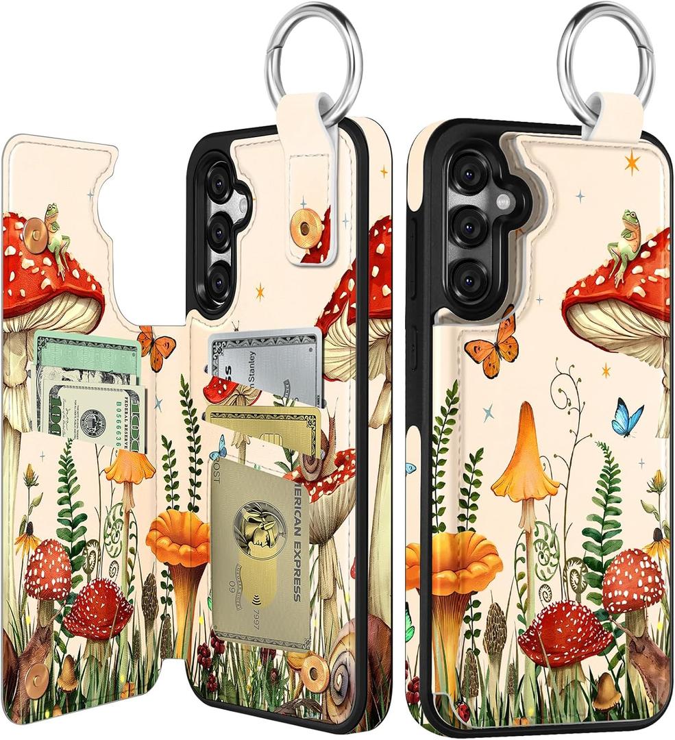 Shorogyt for Samsung Galaxy S23 FE Wallet Case with Card Holder - Designer Mushroom Frog Pattern Kickstand Magnetic Clasp Back Flip Folio Leather Phone Cases for S23 FE for Women Men Girls