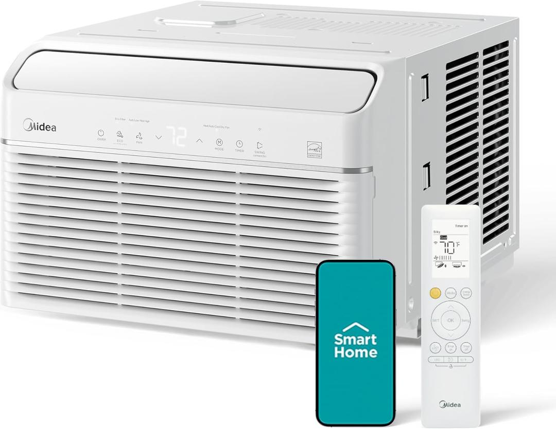 Midea 8,000 BTU Smart Inverter Air Conditioner Window Unit with Heat and Dehumidifier  Cools up to 350 Sq. Ft., Energy Star Rated, Quiet Operation, Electronic Controls, Remote Control, White