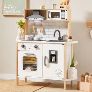 Tiny Land Play Kitchen for Kids, Wooden Kids Play Kitchen Playset Chef Pretend Play Set for Toddlers with Real Lights & Sounds, Toys Kitchen with 18 Pcs Toy Food & Cookware Accessories (White)