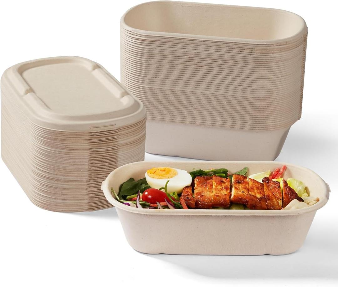 [100% Eco-Friendly] 34 oz Disposable Food Containers with Lids Sugarcane Pulp Take Out Containers, Biodegradable Lunch Box, Compostable and Microwave Safe To-Go Boxes for Meal Prep Pack of 50